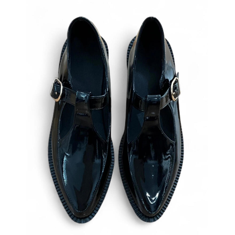NIB EURO Black Patent Faux Leather Chunky Platform Pointed Toe Mary Jane Shoes - Picture 5 of 7